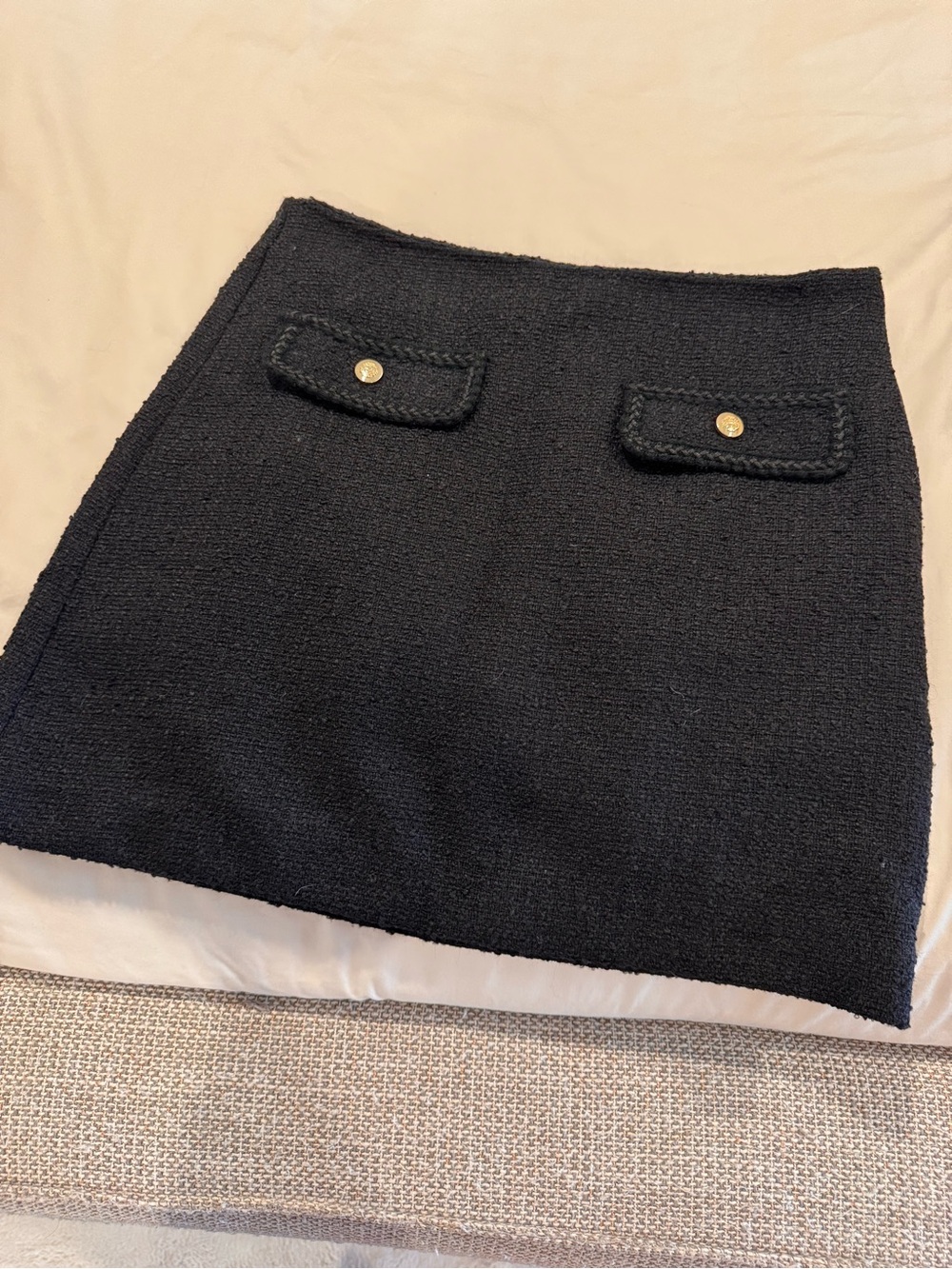 LOFT Black Tweed Mini Skirt with Gold Button Accents